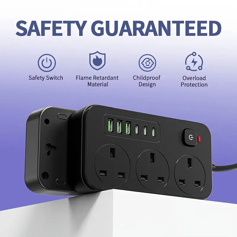 Multi-Port Power Board 2025 | 3 Outlets, 3 USB-A & 3 Type-C Fast Charging, 2m Cable, Overload Protection – Ideal for Home & Office