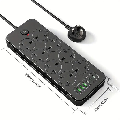 Portable 14-in-1 Power Socket | Surge Protector with 8 AC Outlets, 6 USB Ports, 3250W 13A, 1.8m Extension Cord – Safe for Home, Office & Travel