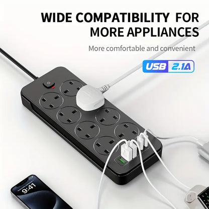 Portable 14-in-1 Power Socket | Surge Protector with 8 AC Outlets, 6 USB Ports, 3250W 13A, 1.8m Extension Cord – Safe for Home, Office & Travel