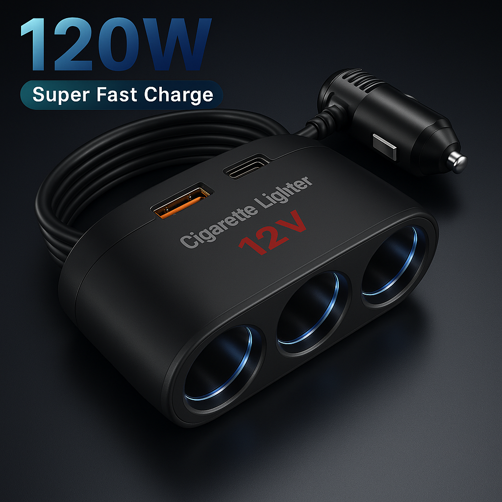 Car Cigarette Lighter Splitter with USB & PD Charging Ports – 3 Socket Adapter