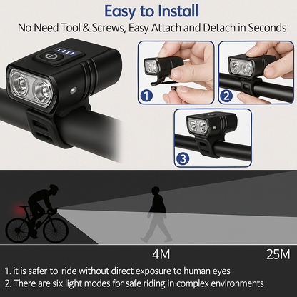 LED Bicycle Front Light – Type-C Rechargeable Bike Headlight | Easy Install MTB & Road Bike Lamp | 6 Lighting Modes Cycling Accessories