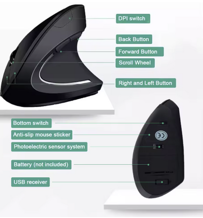 Ergonomic Vertical Wireless Mouse 2.4GHz – 6 Button Optical Mice with 3 Adjustable DPI (800/1200/1600) for Laptop, PC & Desktop Computers