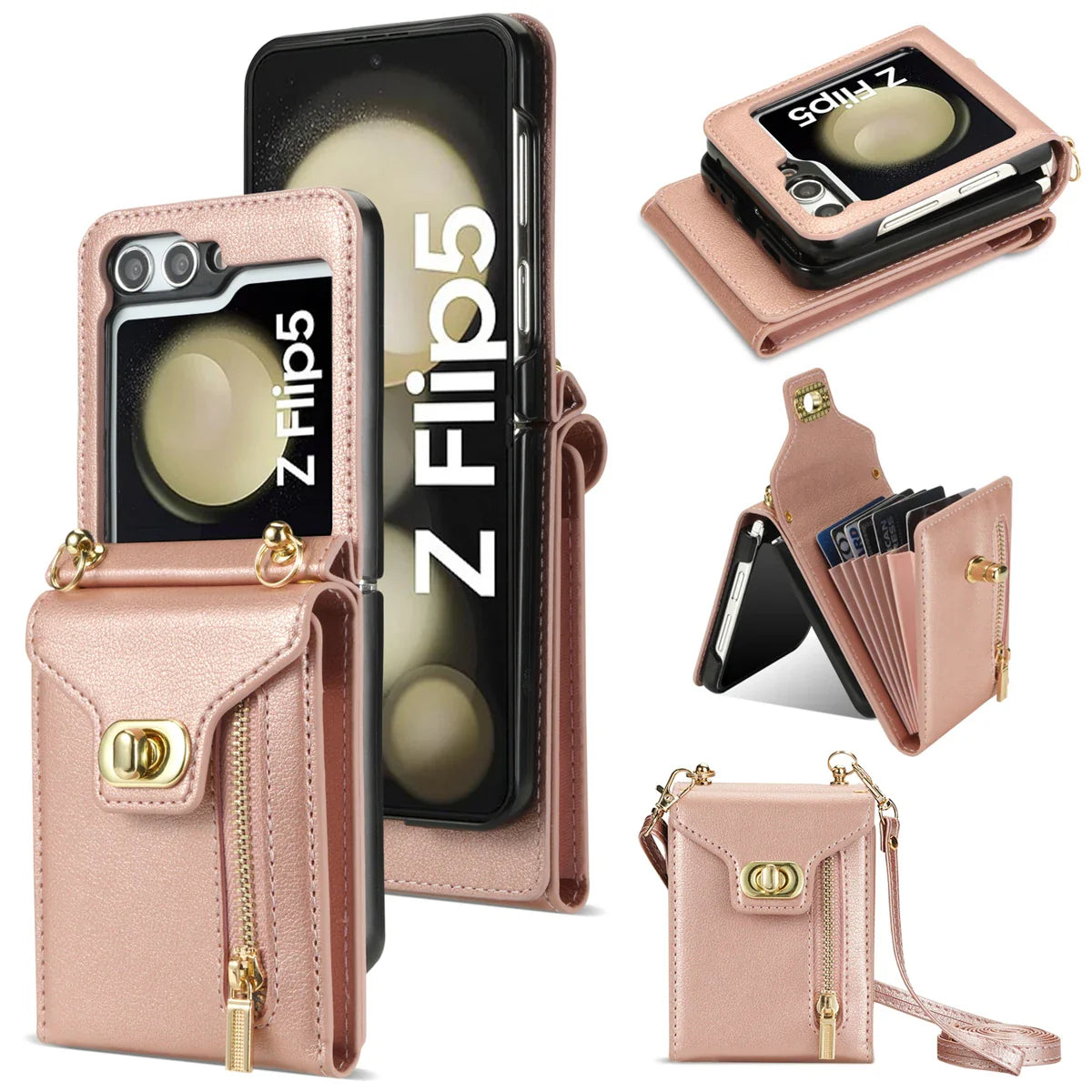 Zipper Wallet Crossbody  Phone Case for Samsung Galaxy Z Flip 6 5 4 3 Flip6 Flip5 Flip4 Flip3 5G with Card Holder Leather Cover