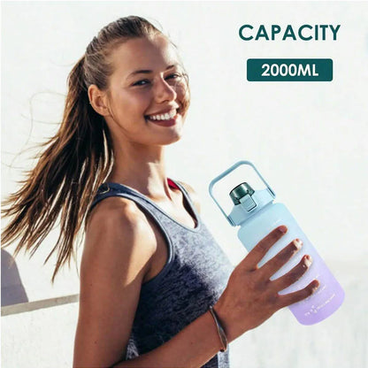 2L Water Bottle Motivational Water Bottle with Time & Capacity Marker BPA-Free Sports Water Cup Fitness Gym Running Exercise