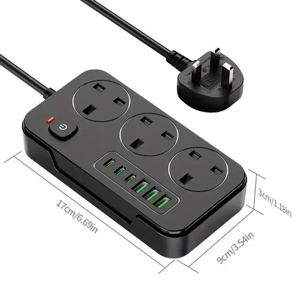 Multi-Port Power Board 2025 | 3 Outlets, 3 USB-A & 3 Type-C Fast Charging, 2m Cable, Overload Protection – Ideal for Home & Office