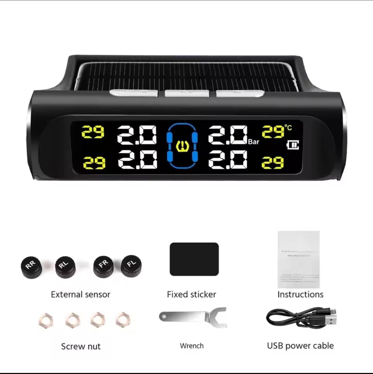 Solar Powered Wireless Tyre Pressure Monitoring System (TPMS) with 4 External Sensors – Real-Time LCD Display, USB Dual Charging, High/Low Pressure & Temperature Alerts for Cars, SUVs, Vans