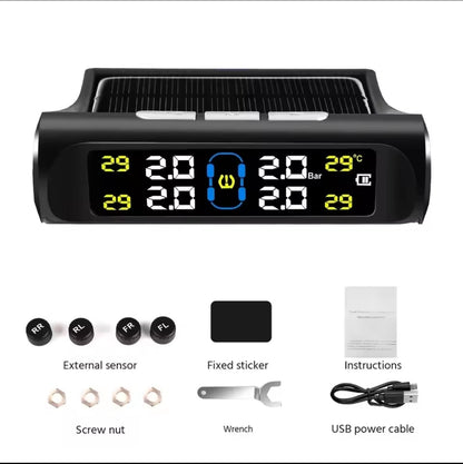 Solar Powered Wireless Tyre Pressure Monitoring System (TPMS) with 4 External Sensors – Real-Time LCD Display, USB Dual Charging, High/Low Pressure & Temperature Alerts for Cars, SUVs, Vans